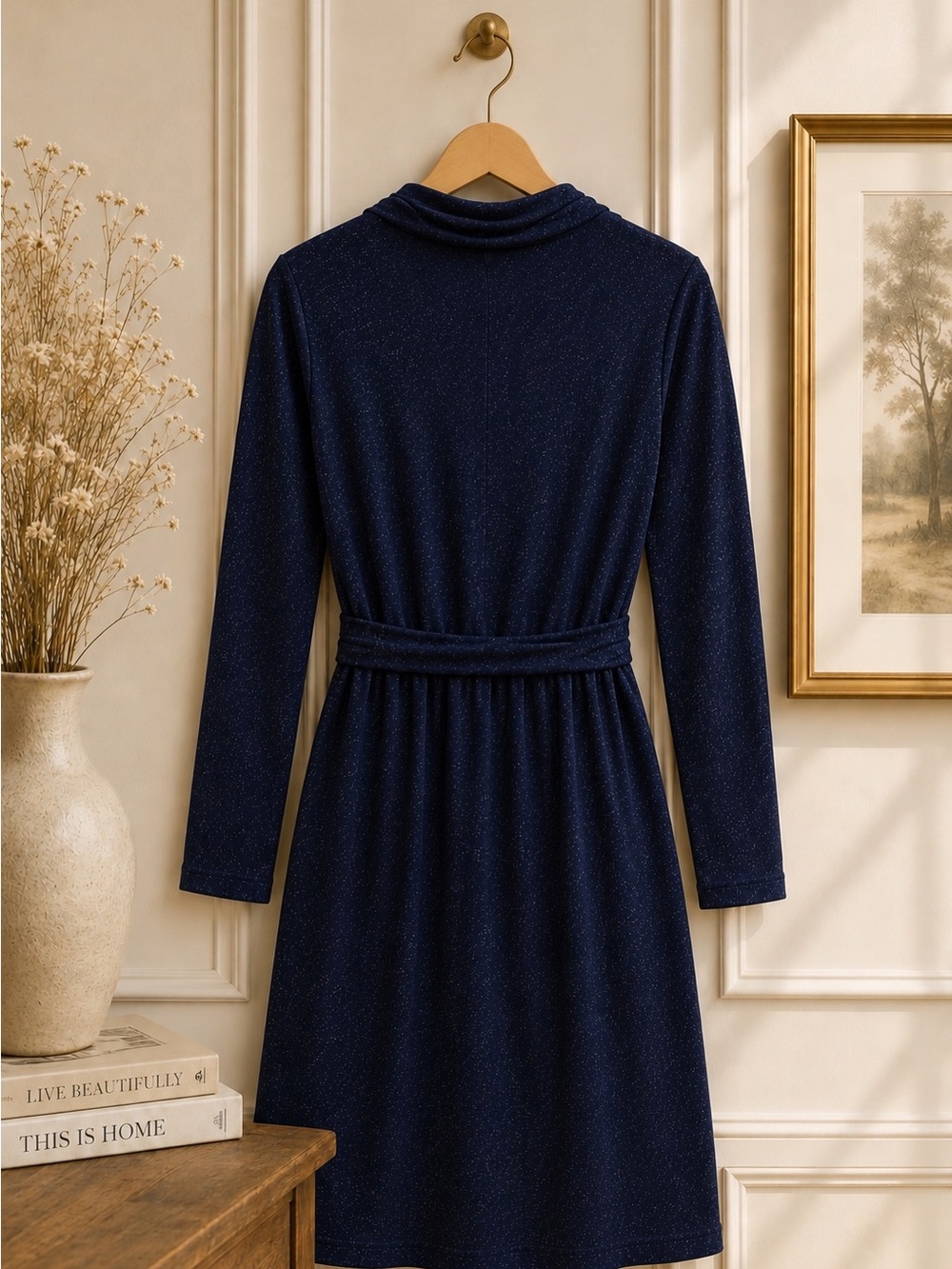 Market & Spruce Navy Shimmer Midi Dress | Long Sleeve Tie Waist Dress | Elegant - Picture 3 of 8